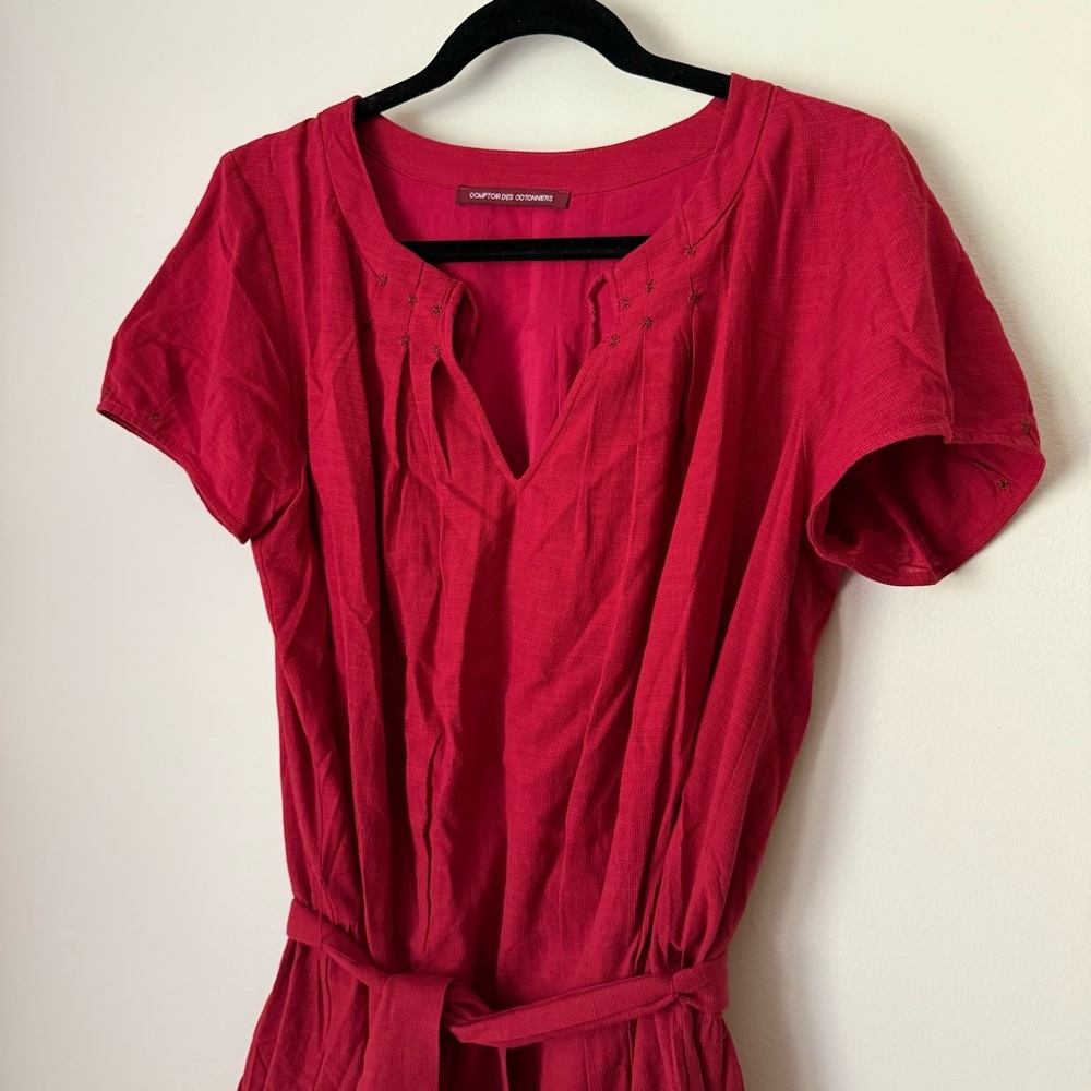 Comptoir Des Cotonniers Red Pleated Ruffle Embroidered Dress with Belt, size L - Picture 4 of 11